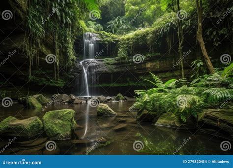 Serene Scene Of Cascading Waterfalls Surrounded By Lush Greenery Stock