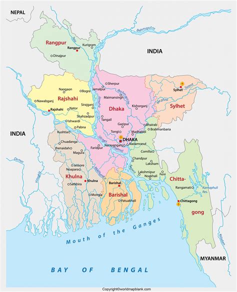 Labeled Map Of Bangladesh With States Capital And Cities