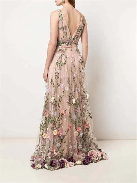 V Neck 3d Floral Embroidered Gown Marchesa Formal Dresses Long Prom