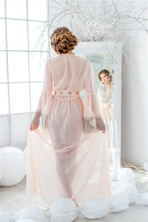 Long Sheer Bridal Robe With Lace Trim Floor Length Wedding Etsy