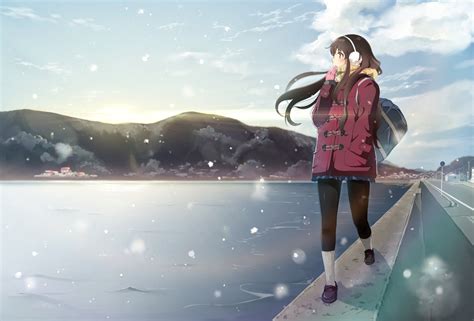 Anime Girl Sea Winter Long Hair Snow School Uniform