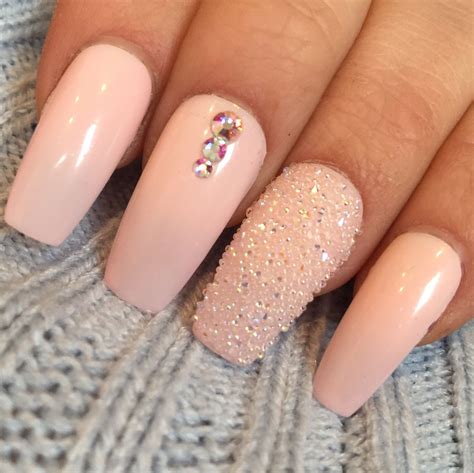 Blush Pink Long Coffin Press On False Nails With Swarovski Pixie