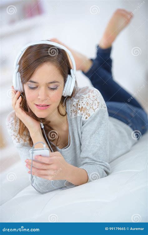 Beautiful Young Woman Listening To Music In Bed Stock Image Image Of