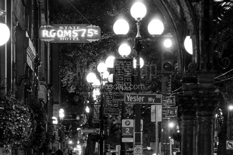Yesler Way In Pioneer Square At Night Black And White Photography