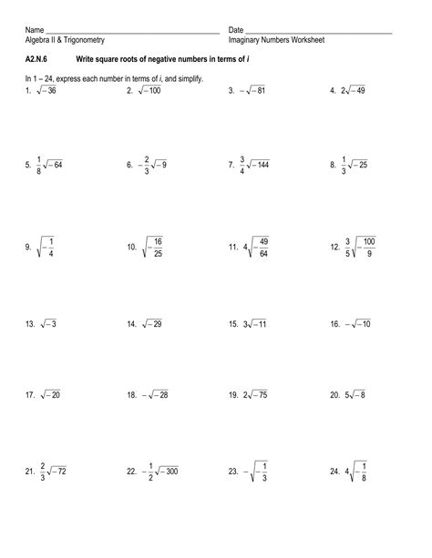 Simplifying Square Roots With Negative Numbers Worksheet