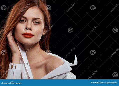 Beautiful Woman Elegant Style Red Lips Unbuttoned White Shirt Close Up