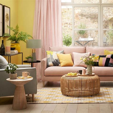 sunshine yellow living room  blush pink sofa  curtains