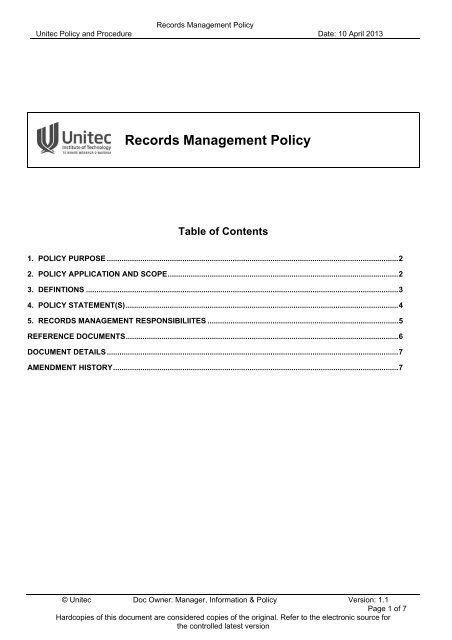 Records Management Policy Unitec Policies And Procedures