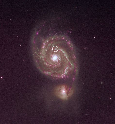 Spiral Galaxy M51 With The Supernova Circled Noirlab