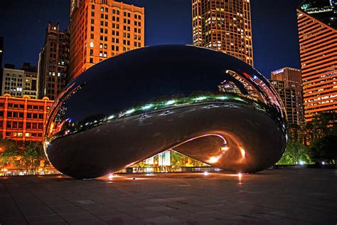 Chicago Illinois Millennium Park The Bean Sculpture At Night Cloud Gate
