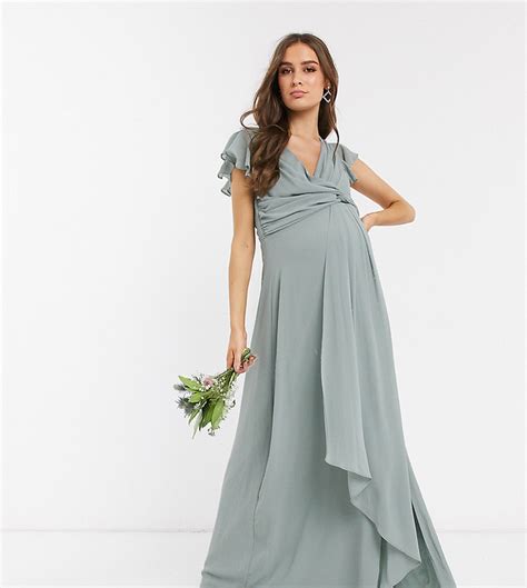 Tfnc Maternity Bridesmaid Flutter Sleeve Ruffle Detail Maxi Dress In Sage Shopstyle