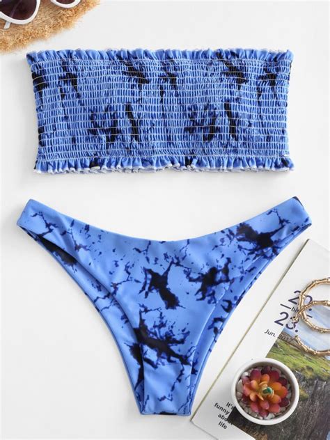 Zaful Tie Dye Frilled Smocked Bikini Swimsuit In Blue Zaful 2024