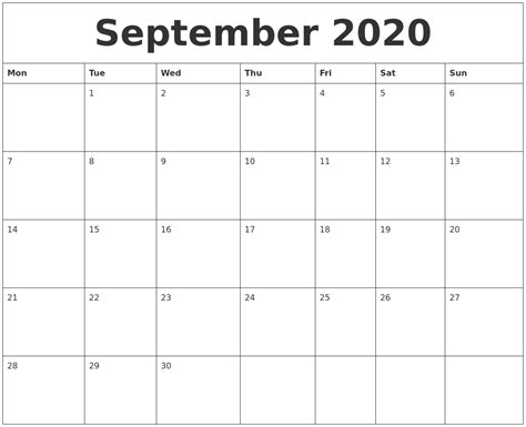 September 2020 Print Out Calendar