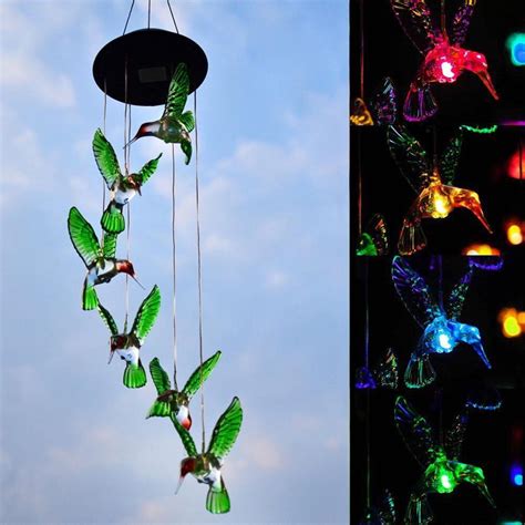 2 Pack Color Changing Led 6 Hummingbird Solar Wind Chimes Yard Home