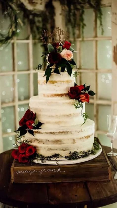 Naked Wedding Cake With Red Roses Wedding Cake Dark Red Wedding Cakes