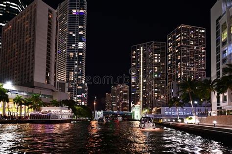 Miami River Entrance And Surrounding Residential Towers At Night
