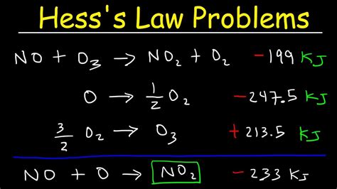 Hess's law of constant heat summation states that if a chemical equation can be written in multiple steps, then the net enthalpy change for the equation can for example, the enthalpy change for the reaction forming 1 mole of no2 (g) is +33.2 kj: Hess's Law Problems & Enthalpy Change - Chemistry - YouTube