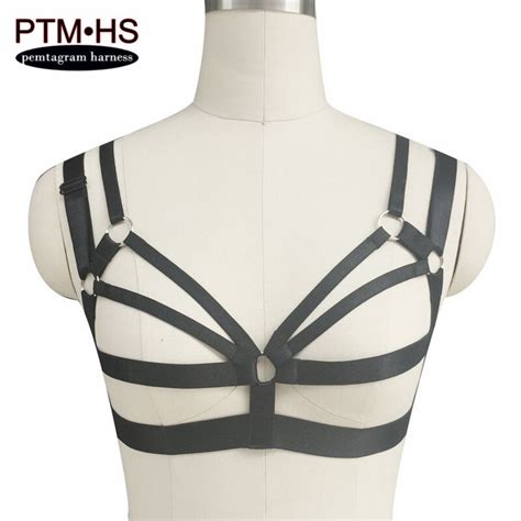 pentagram harness goth puuk lingerie body harness black elastic adjust strappy tops halter