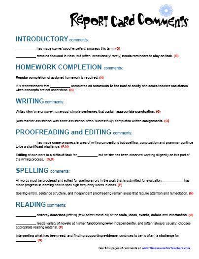 13 FREE teacher report card comments for writing ...
