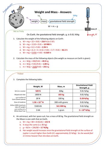 Weight Mass And Gravity Worksheet Teaching Resources