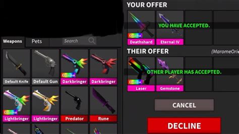 Find trading value for all ancients, uniques, godlys, vintage, legends, rares, uncommons, commons, pets, miscellaneous items. (ROBLOX MM2) Trading chroma deathshard and eternal 4 for ...