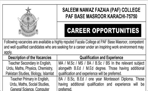 Paf College Jobs 2023 Saleem Nawaz Fazaia College Paf Base Masroor