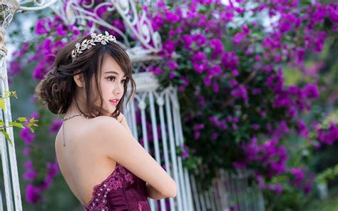 wallpaper women outdoors model flowers asian purple dress fashion pink spring flower