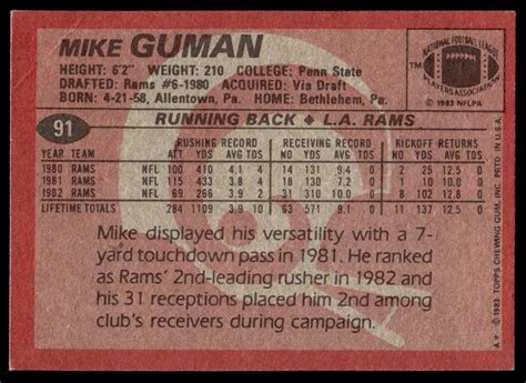 1983 Topps 91 Mike Guman Los Angeles Rams Football Card Ebay
