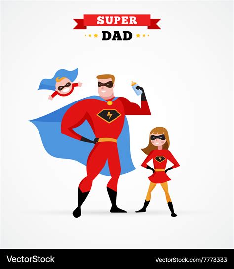 Super Hero Daddy In Superhero Costume With Kids Vector Image