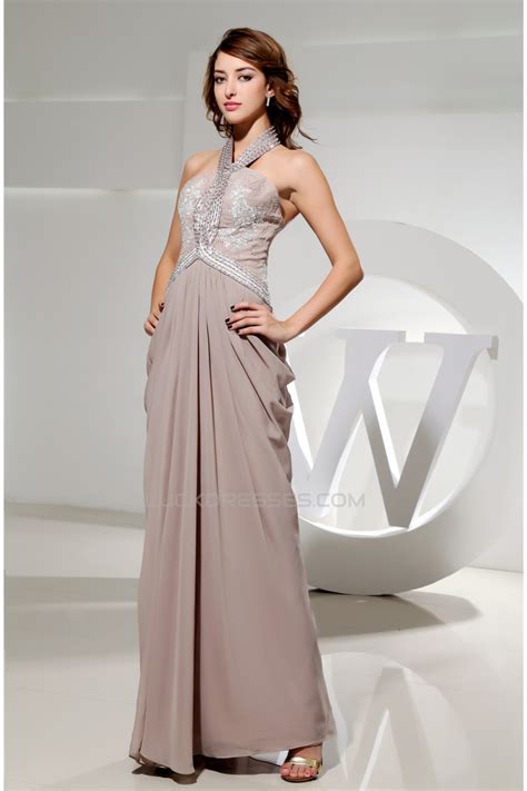Elegant Sheath Column Beading Halter Floor Length Long Prom Formal Evening Dresses 02020078