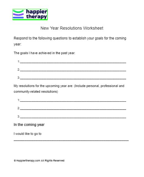 New Year Resolution Worksheet Happiertherapy