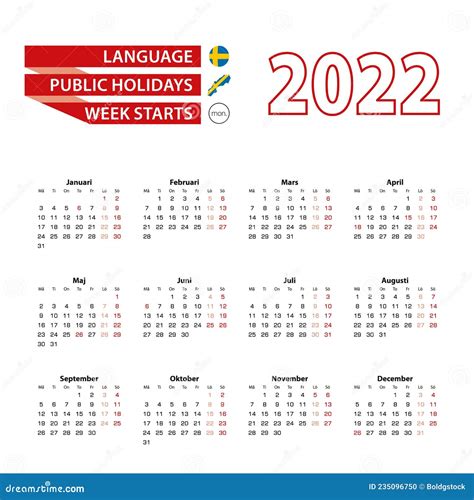 Calendario 2022 En Idioma Sueco Con Días Festivos En El País Suecia En