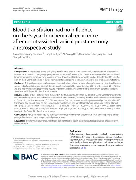 Pdf Blood Transfusion Had No Influence On The Year Biochemical Recurrence After Robot