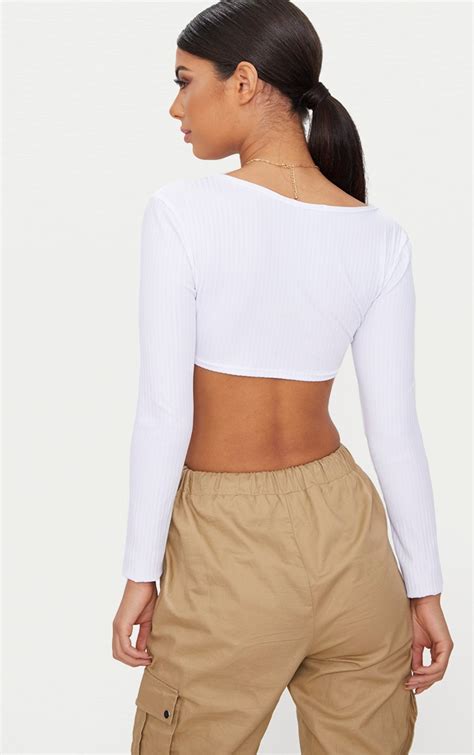 Crop Top Basique Côtelé Blanc à Manches Longues Prettylittlething Fr