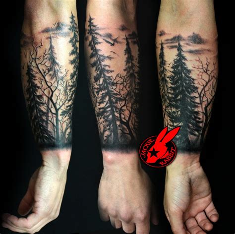 Tree Silhouette Forest Pine Arm Sleeve Tattoo By Jackie Rabbit Tattoo