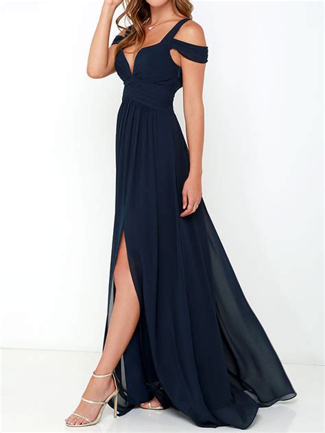 Cold Shoulder Wrap Maxi Prom Dress In Navy Choies
