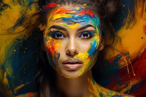 Premium Ai Image Beautiful Woman With Brightly Colored Paint Illustration Picture Generative Ai