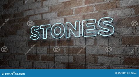 Stones Glowing Neon Sign On Stonework Wall 3d Rendered Royalty Free