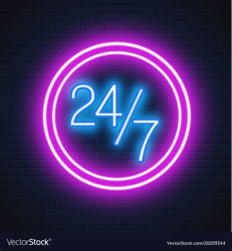Neon 24 7 Open Sign Brick Wall Royalty Free Vector Image