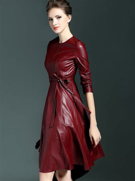win red round neck long sleeve tie waist leather dress leather dresses red leather dress