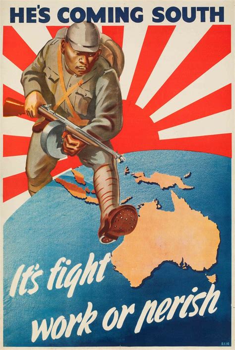 Ww2 Poster Hes Coming South 1942 Japan Australia Propaganda