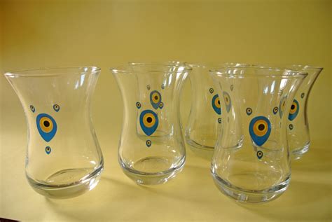 Evil Eye Glass Turkish Tea Cup Set Pieces Slender Shape Etsy