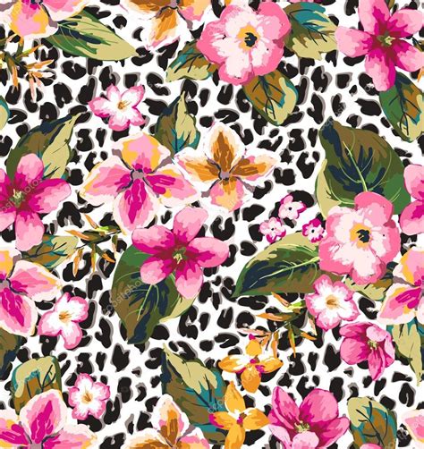 Seamless Tropical Flower With Leopard Background Vector Pattern Stock