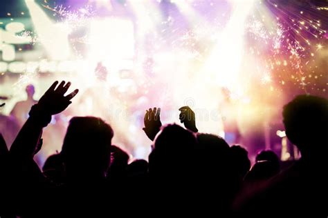 New Year Concept Cheering Crowd And Fireworks Editorial Stock Image