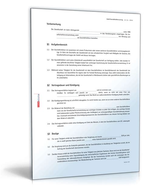 Vertrag, der die geschäftsbeziehungen bei der erbringung von dienstleistungen zwischen einer. Geschäftsführervertrag Muster: Vertrag für GmbH ...