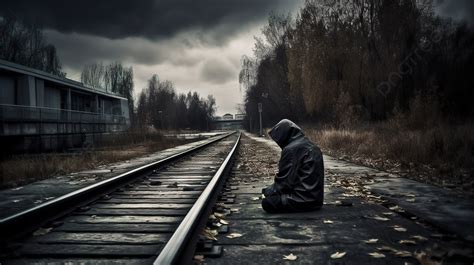 Sad Man Sitting On Tracks Next To Dark Sky In Darkest Night Background