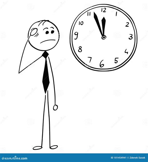 worried man or businessman holding wall clock vector cartoon stick figure illustration