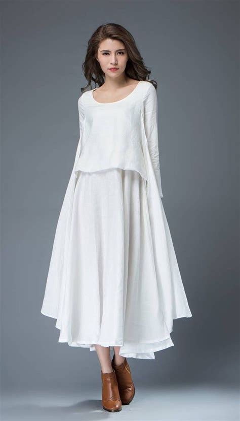 White Linen Dress Layered Flowing Elegant Long Sleeve Long Etsy White Long Sleeve Dress Long