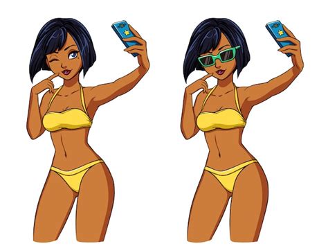Chica Sexy De Dibujos Animados Toma Una Selfie Chica Morena En Traje De Ba O Amarillo Y Gafas