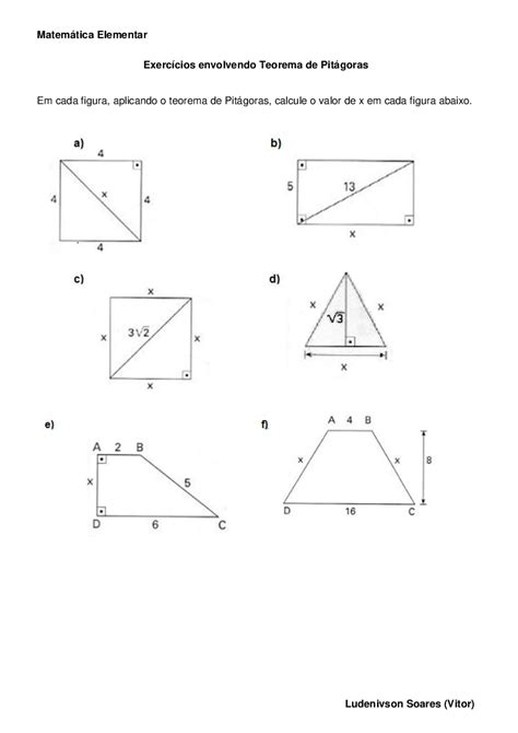 Exercícios Envolvendo Teorema de Pitágoras Lista 1 Baixar pdf de